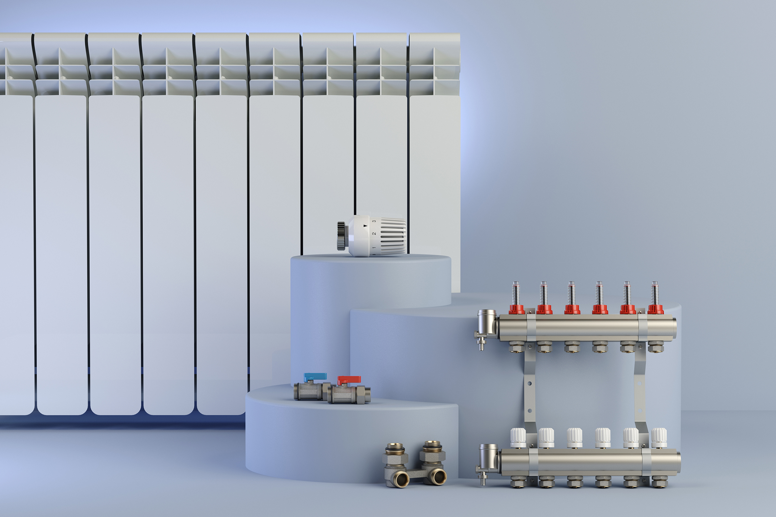 Element of the heating system - radiator thermostat pipes. 3D illustration.